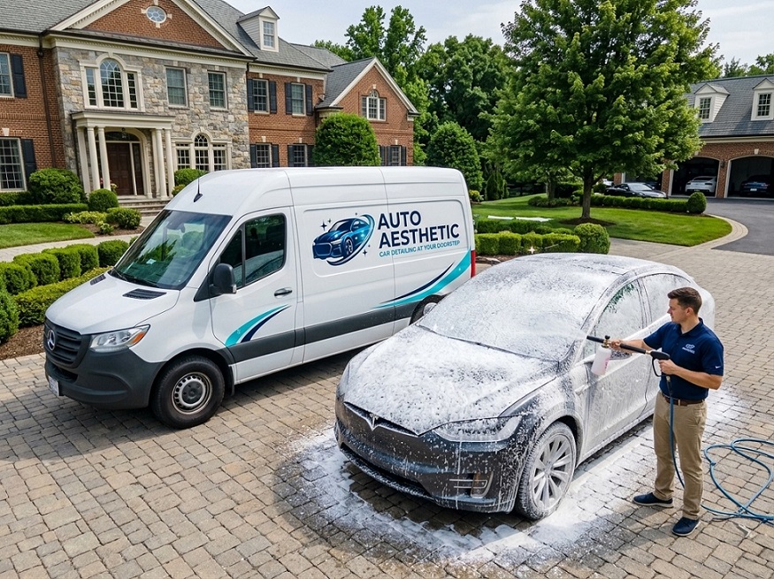 Premium mobile home car wash service executing touchless deionized foam wash across upscale routes inside Loudoun County Virginia
