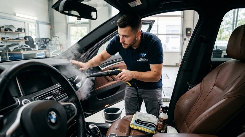 Professional vehicle interior deep steam cleaning and sanitization service