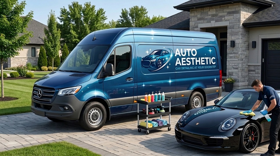 Mobile car wash service van fully equipped at a residential home driveway